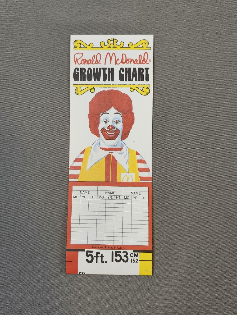 Vintage 1981 McDonald's Ronald McDonald 5 Foot Paper Growth Chart